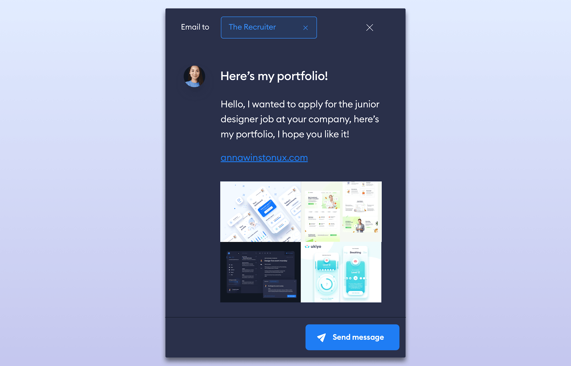 A screenshot of an optimized email, including a link to the person’s portfolio and a preview image that shows off their work right alongside the text.