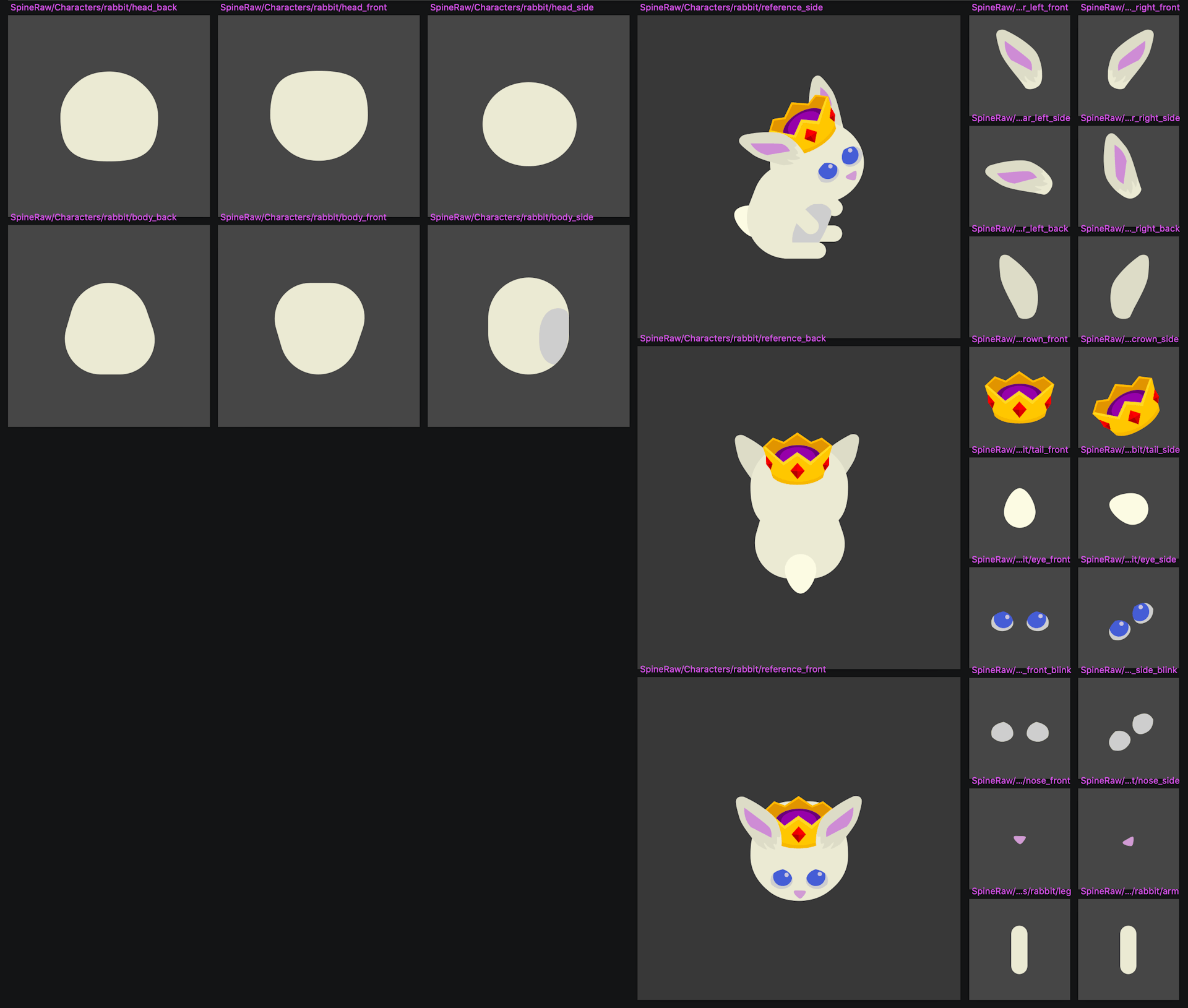 A screenshot showing Sketch Artboards containing different parts of a rabbit character model