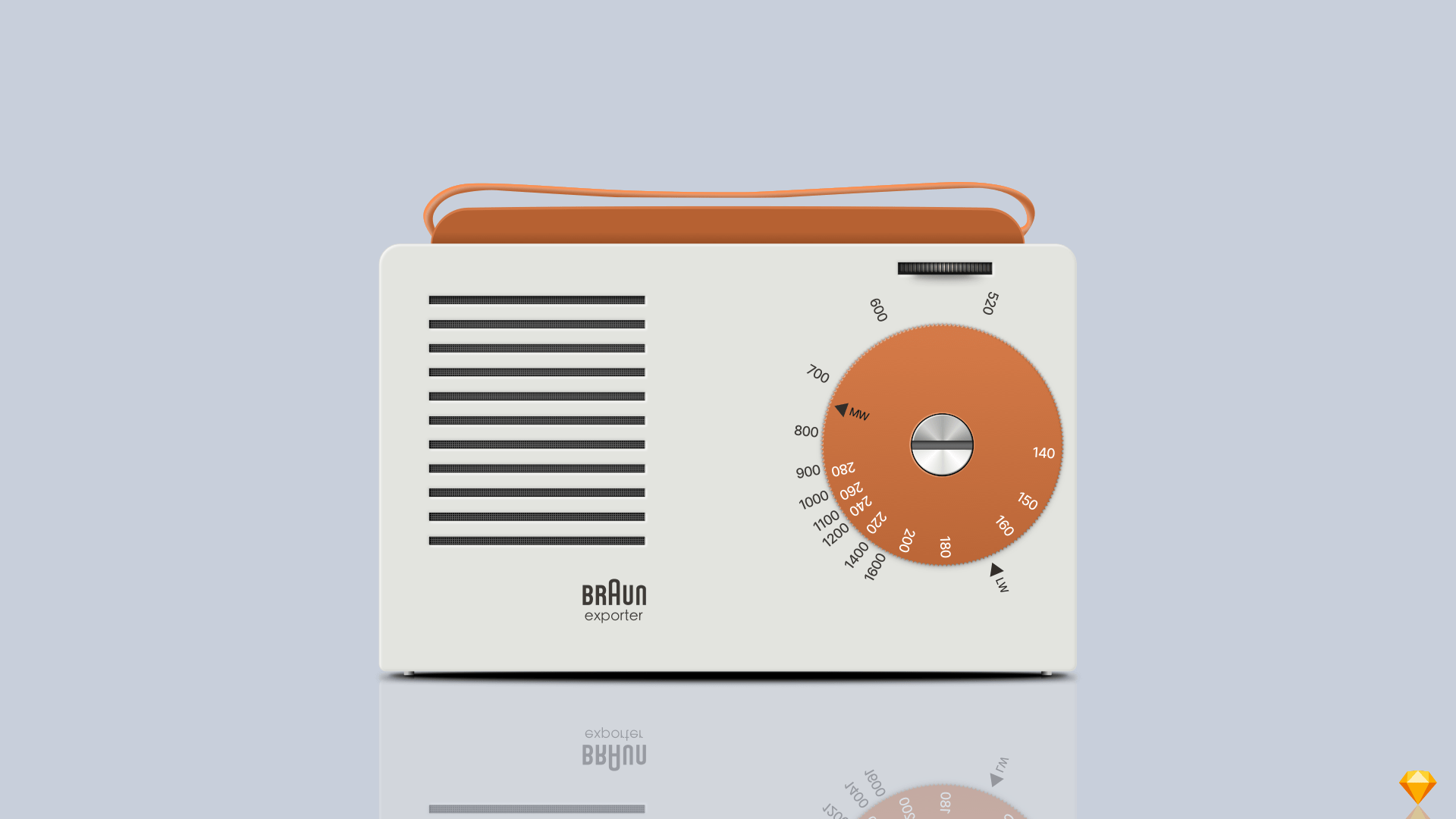 A realistic illustration of a 1956 Braun Exporter 2 Radio, created entirely within Sketch.