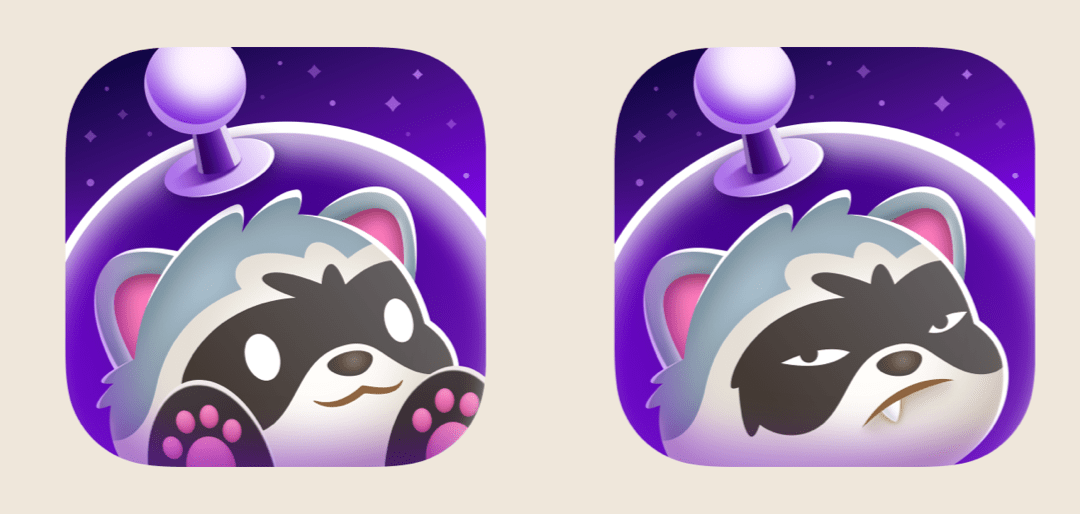 Two similar icons, each showing a raccoon wearing a glass helmet in space. In the left icon, the raccoon is smiling. On the right, he looks unimpressed.