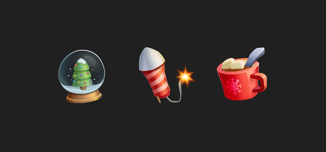 Three Christmas-themed illustrated icons — a tree with lights inside a snow globe, a firework, and a mug of cocoa with two floating marshmallows