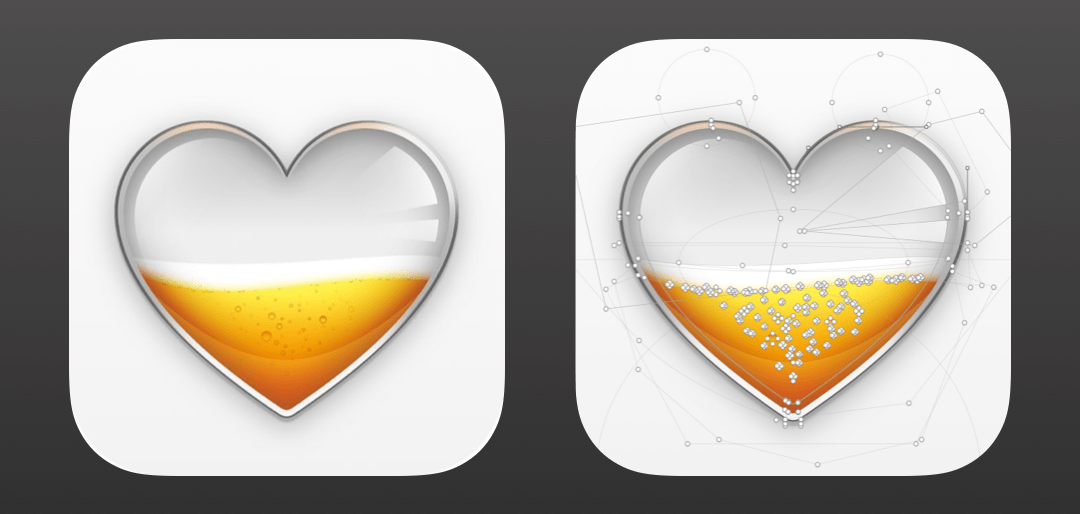 An icon featuring a glass heart partly filled with beer, next to the same icon with vector-drawing handles showing each shapes outline.