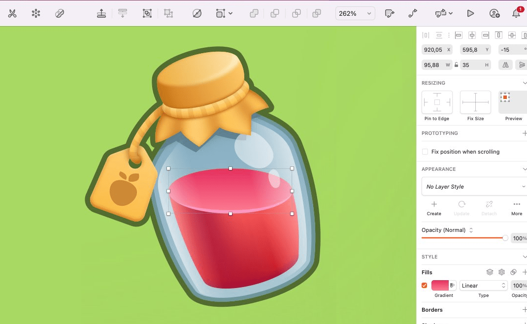 A screenshot of a Sketch window on Mac with one layer of a cartoony bottle illustration selected.