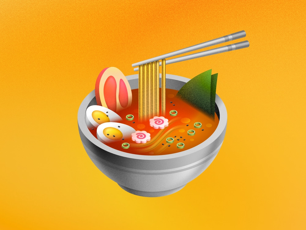 An illustration of a pair of chopsticks holding some noodles above a bowl of ramen.