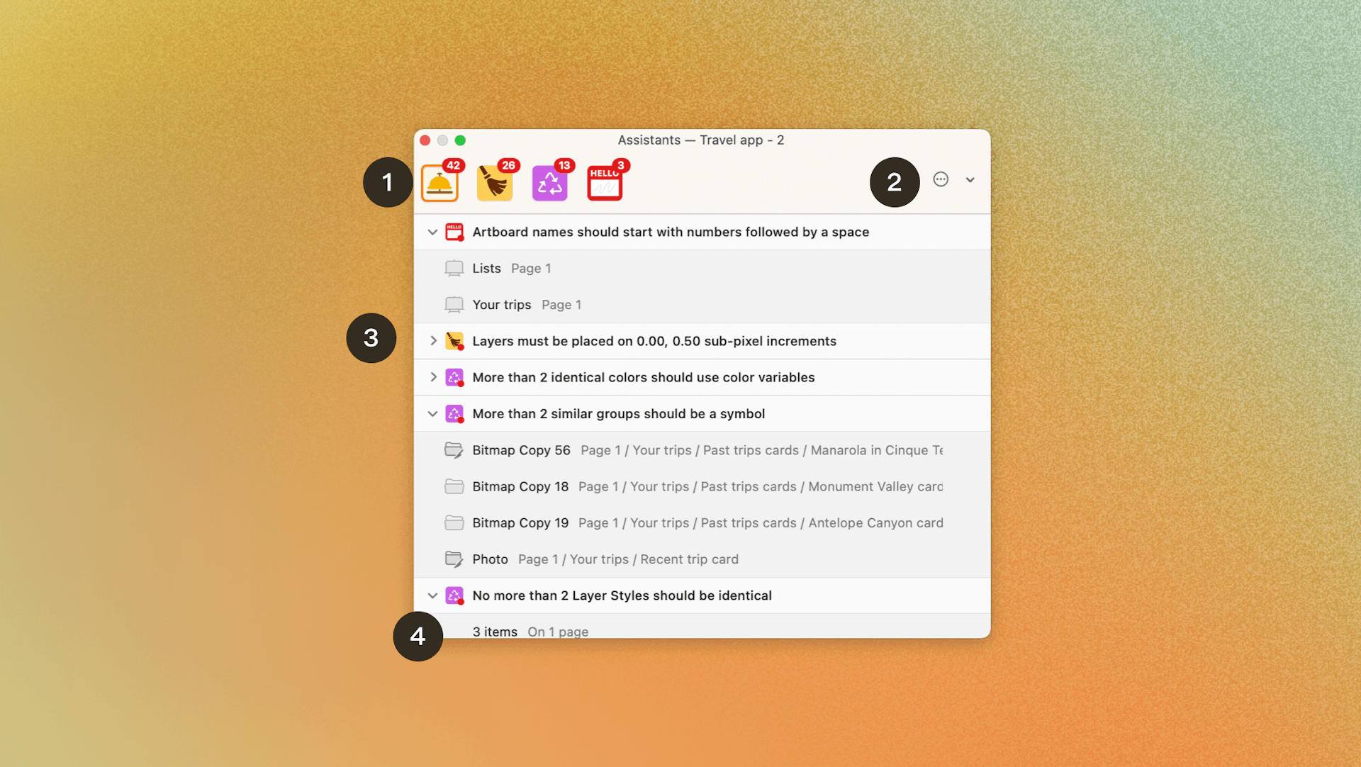 An annotated image showing various elements of the Assistants results window in Sketch