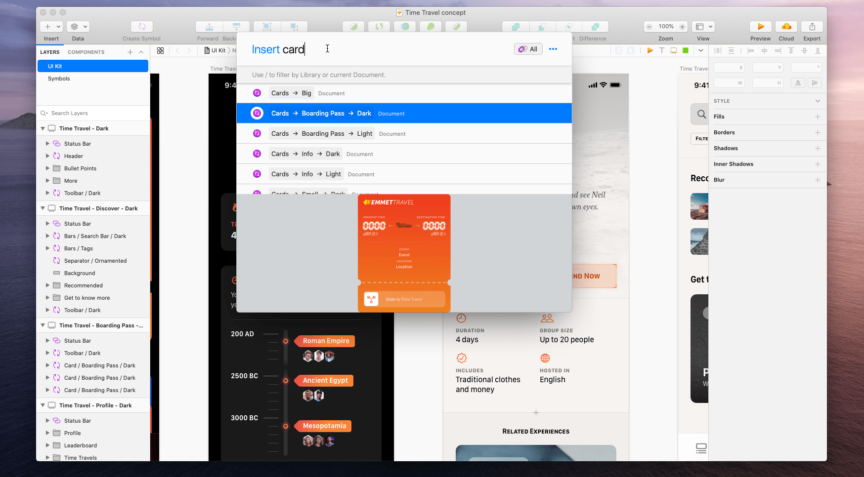 The Runner plugin inserting a Symbol into a Sketch Artboard