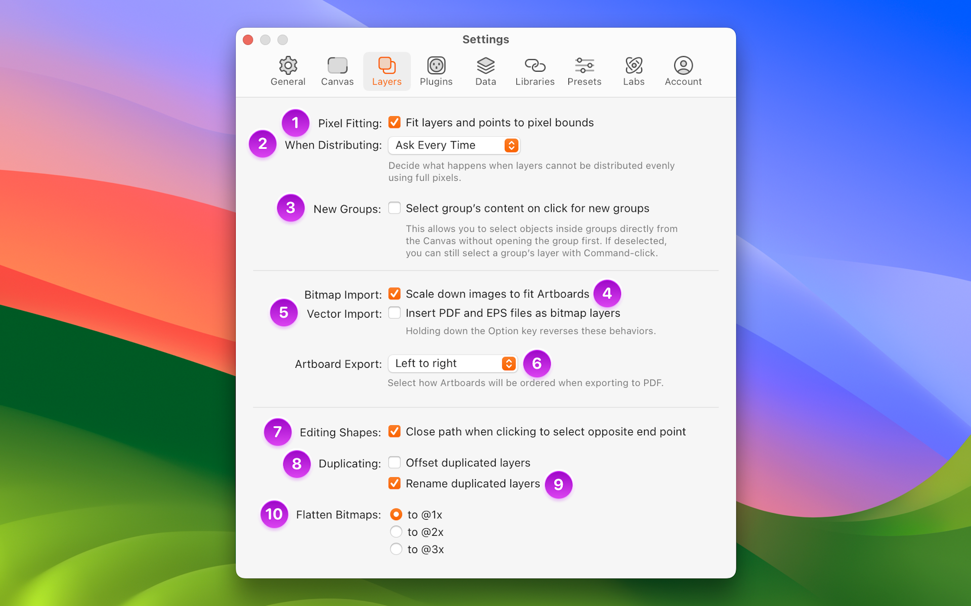 An annotated image showing the Layers tab in Settings