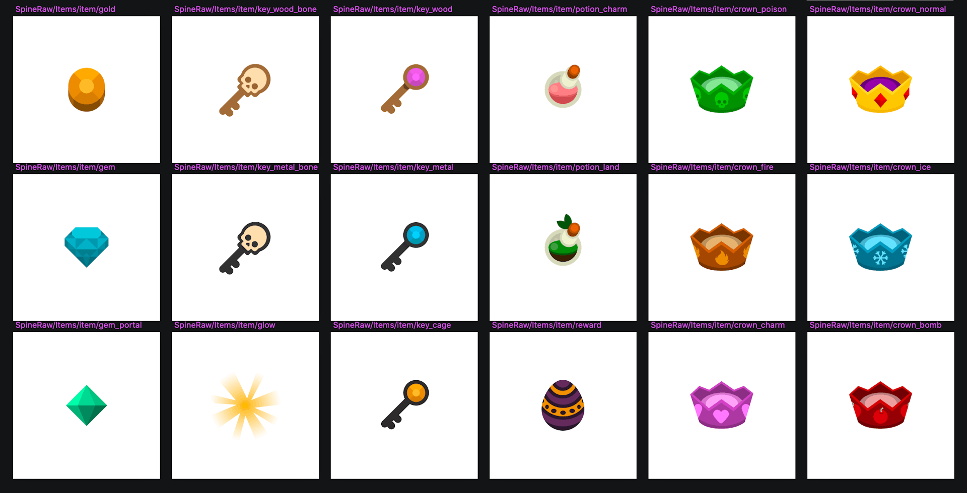 A screenshot showing 18 Sketch Artboards, each with a different kind of in-game item