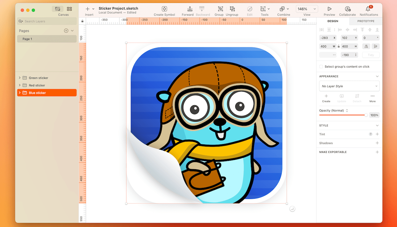 A screenshot of a finished peeling sticker design in Sketch’s Mac app.