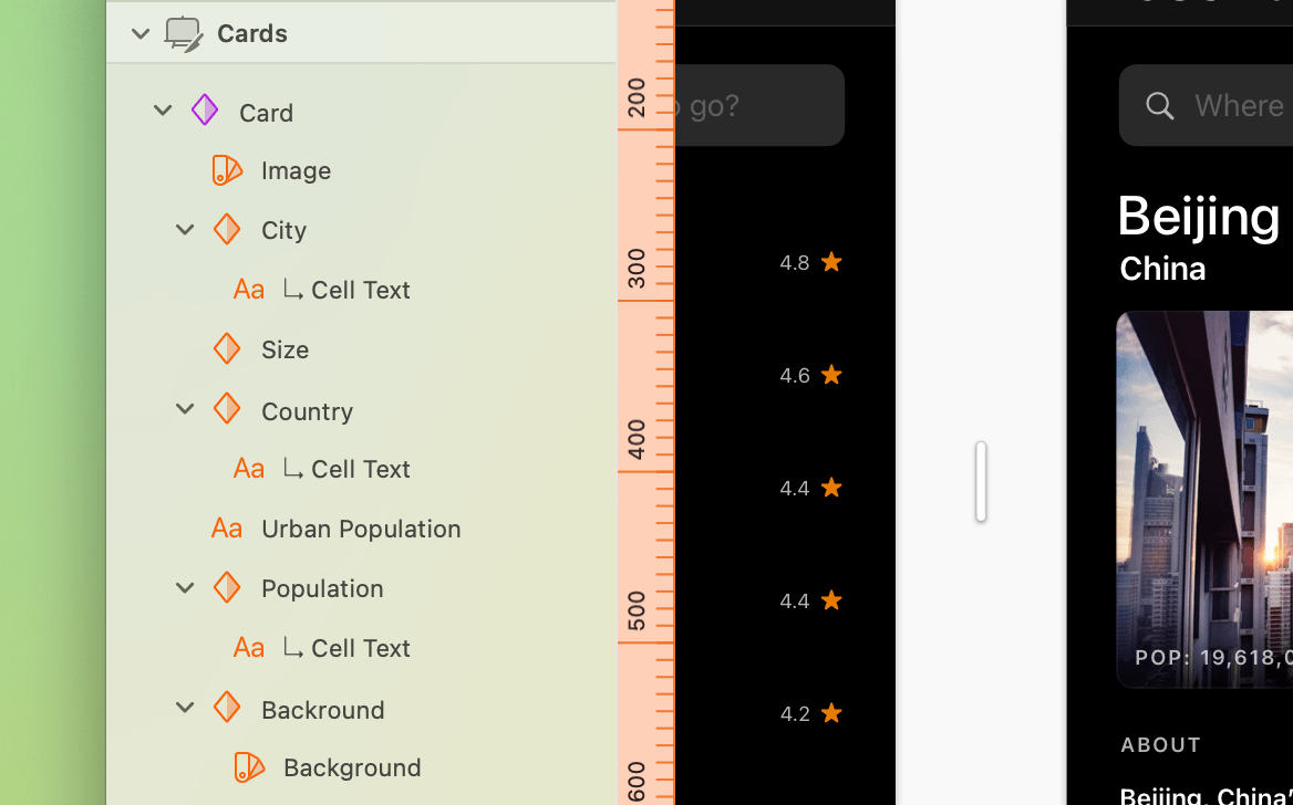 An image showing how to structure layers in a Sketch document in order to support nested data in a JSON file. There are several Symbols nested within another Symbol, and each one contains a text layer with the same name.