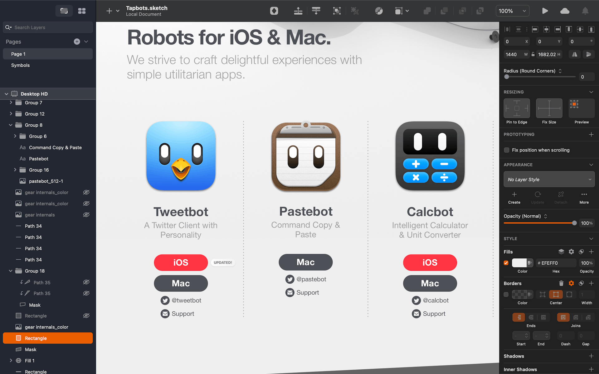 A screenshot of a Sketch document showing part of the Tapbots website