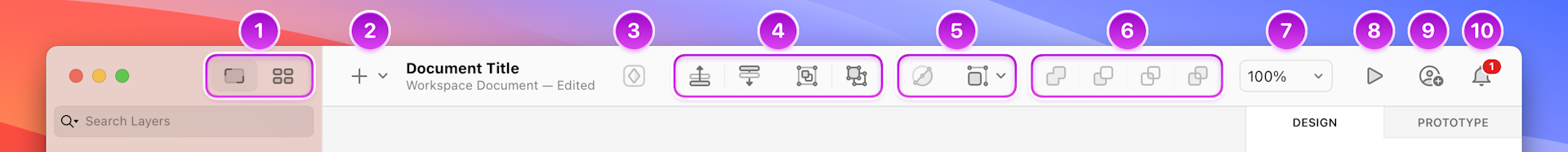 An annotated image showing the default toolbar options in the Mac app