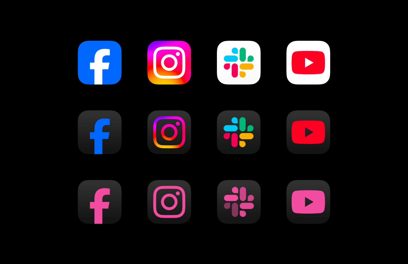 Light, dark, and tinted iOS app icons for Facebook, Instagram, Slack and YouTube