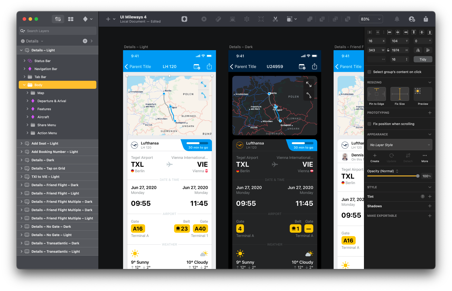 interface designs in Sketch for a flight tracker with a social element