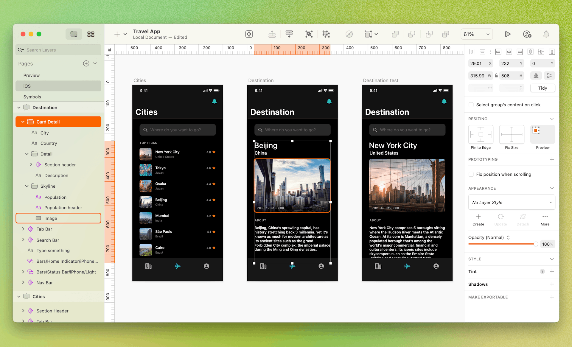 An image showing two different Artboards in a Sketch document. One uses only a few parts of the JSON data set, while the other uses every attribute.