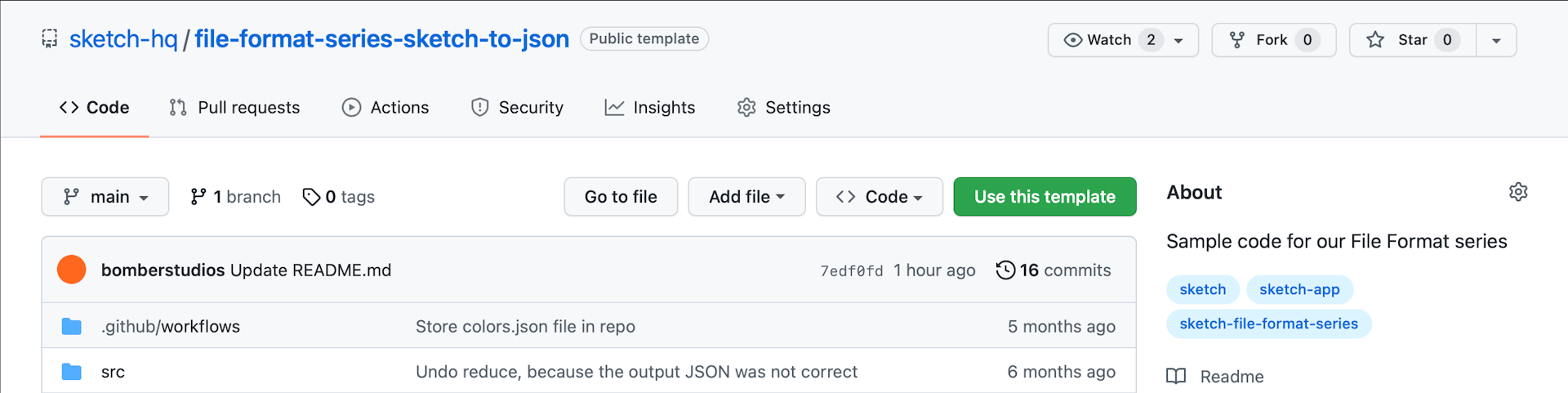 Image showing the GitHub interface for the JSON to Sketch repository.