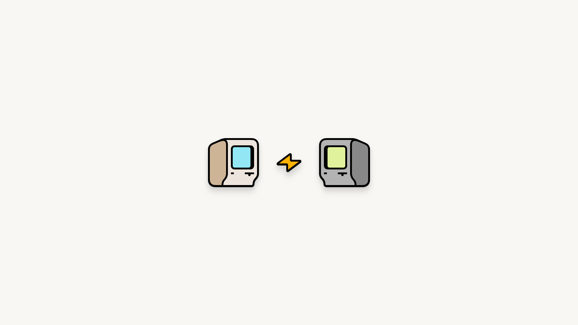 An illustration of two old-school Macintosh computers facing each other with a lightning bold between them, all in the style of enamel pins on a white background