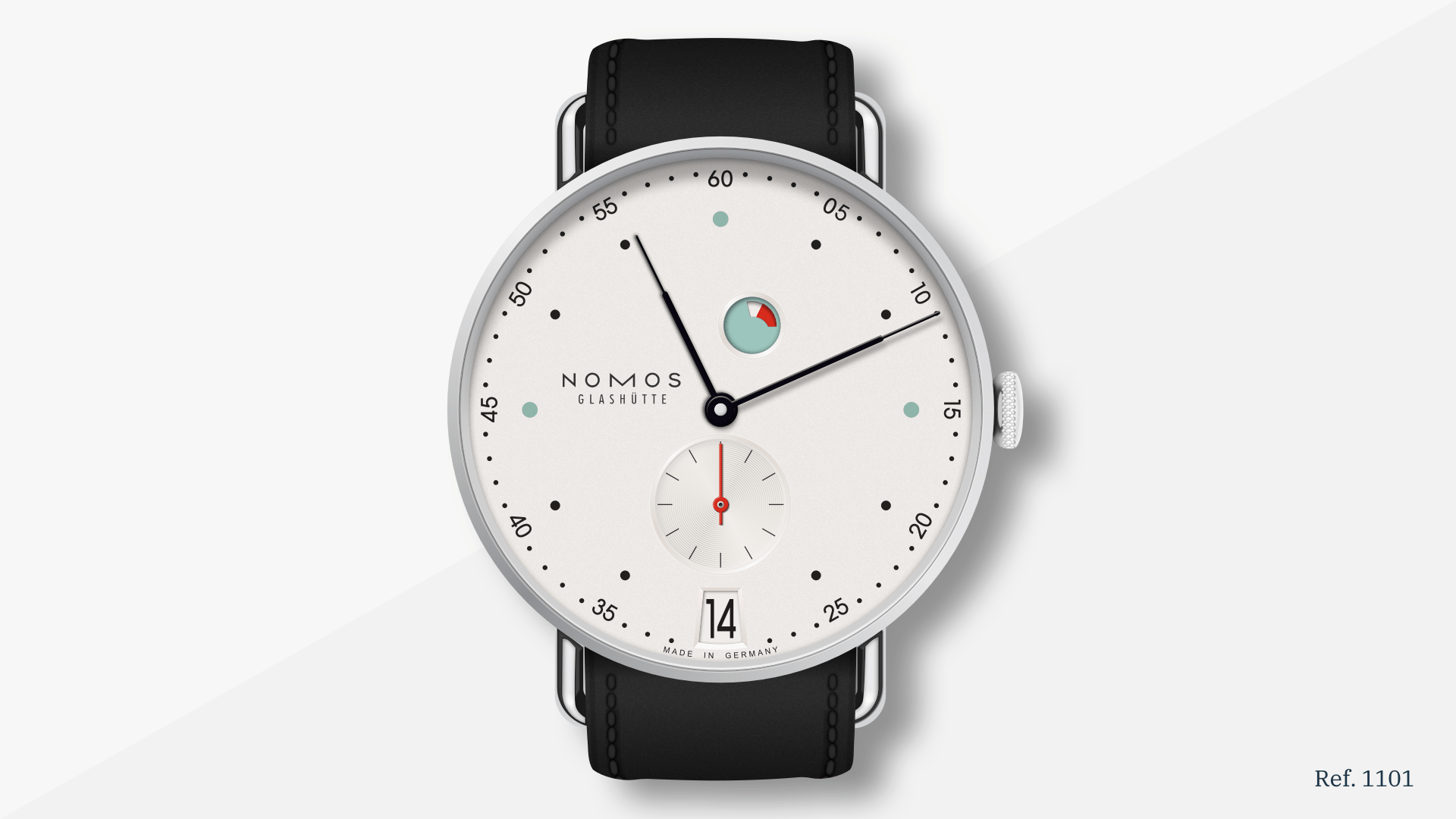 An illustrated image showing a Nomos Metro Date Power Reserve watch that Nikola recreated in Sketch using Vector shapes.