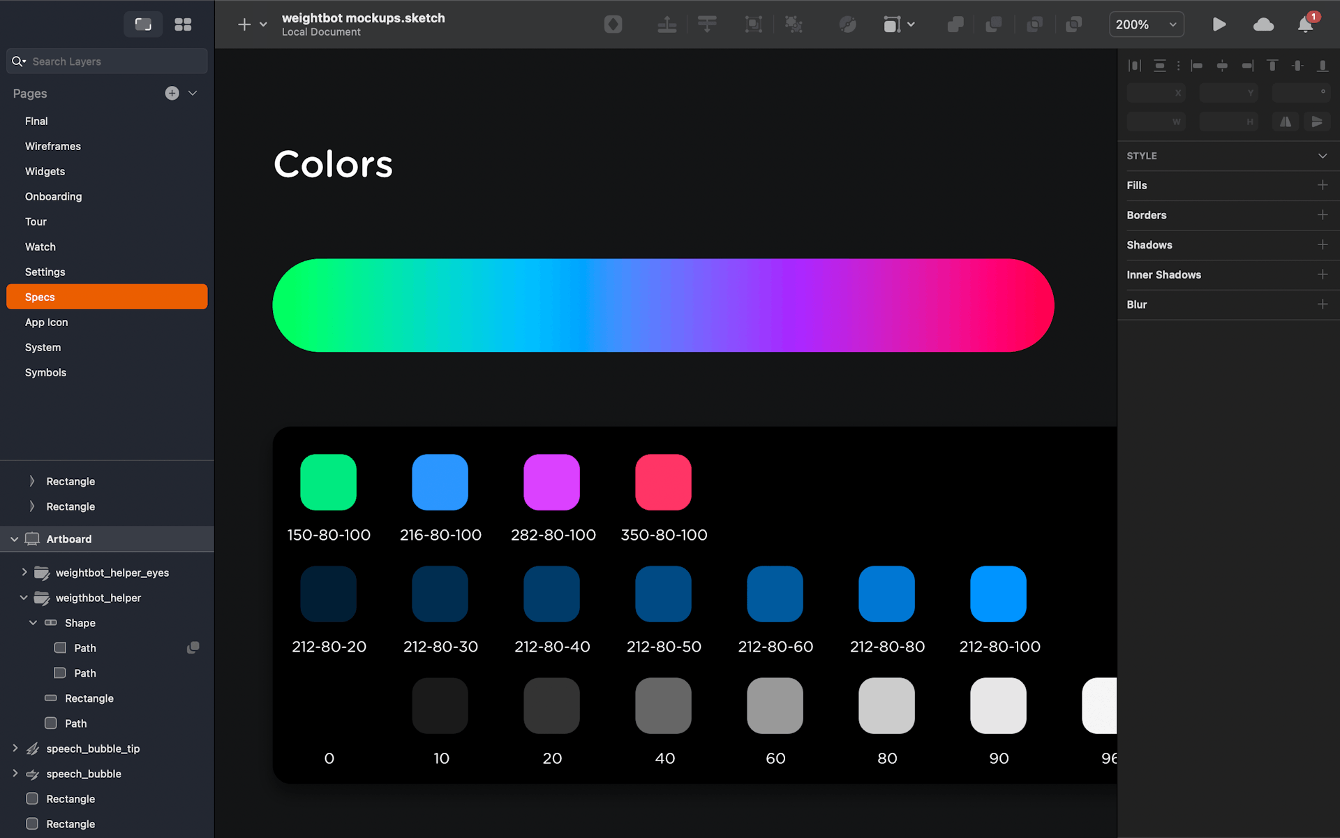 A screenshot showing how Mark organizes colors in his Sketch files.