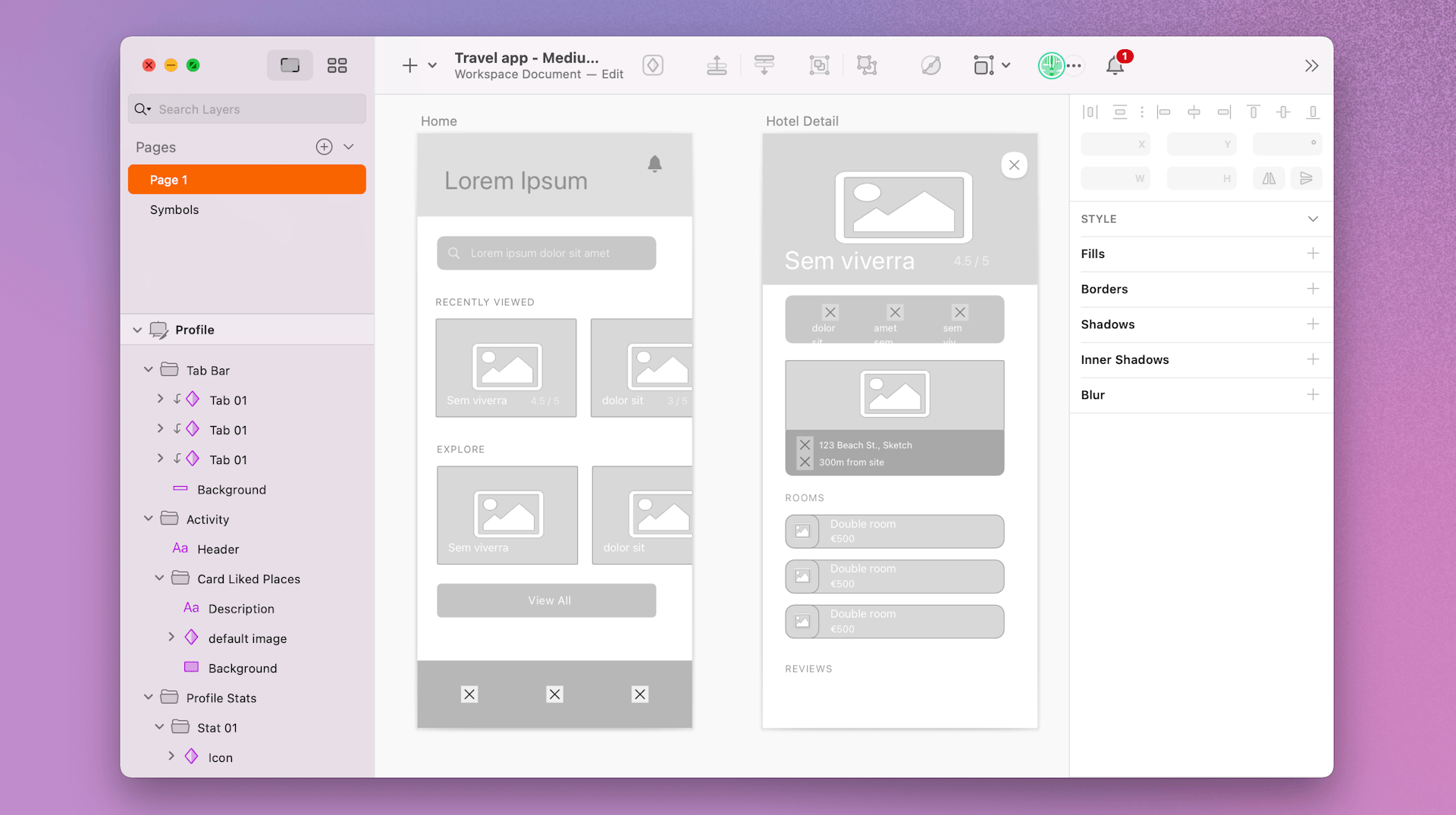 Image showing how to create a wireframe in Sketch for a travel app.