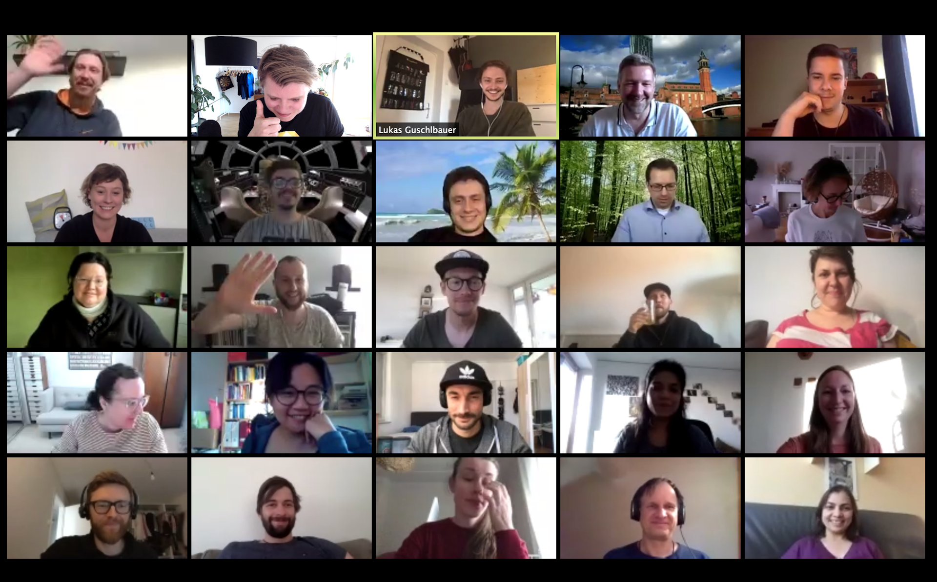 A screenshot taken from a Zoom call showing lots of users taking part in a meetup.